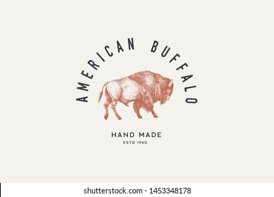 Hand drawing of American bison in retro engraving style. Buffalo in graphic vintage style. Vector logo template for hand-made products.