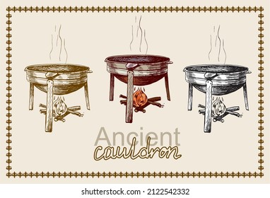 Hand drawing of ancient cauldron on legs over a fire in  graphics and in color with national frame