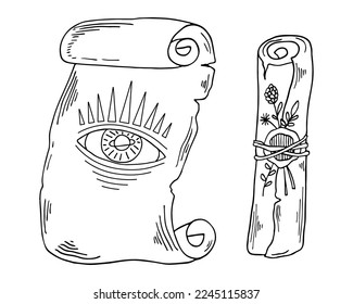 Hand drawing ancient vintage scroll with abstract eye and floral. Witchcraft line art vector illustration. Black outline doodles set.