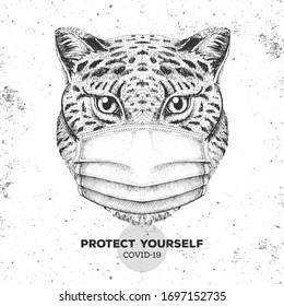 Hand drawing Animal cheetah wearing face medical mask. Covid-19 protection methods. Coronavirus Quarantine Warning. Vector illustration