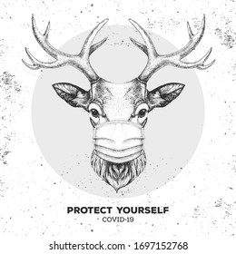 Hand drawing Animal deer wearing face medical mask. Covid-19 protection methods. Coronavirus Quarantine Warning. Vector illustration