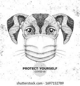 Hand drawing Animal dog wearing face medical mask. Covid-19 protection methods. Coronavirus Quarantine Warning. Vector illustration