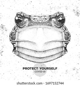 Hand drawing Animal frog wearing face medical mask. Covid-19 protection methods. Coronavirus Quarantine Warning. Vector illustration