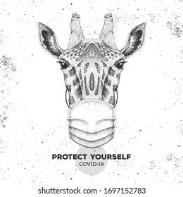 Hand drawing Animal giraffe wearing face medical mask. Covid-19 protection methods. Coronavirus Quarantine Warning. Vector illustration