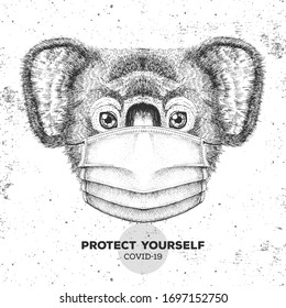 Hand drawing Animal Koala wearing face medical mask. Covid-19 protection methods. Coronavirus Quarantine Warning. Vector illustration