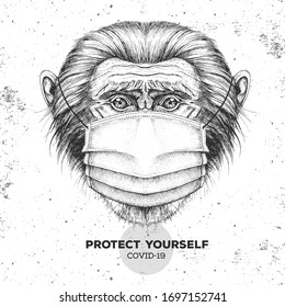 Hand drawing Animal monkey wearing face medical mask. Covid-19 protection methods. Coronavirus Quarantine Warning. Vector illustration