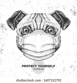 Hand drawing Animal pug dog wearing face medical mask. Covid-19 protection methods. Coronavirus Quarantine Warning. Vector illustration