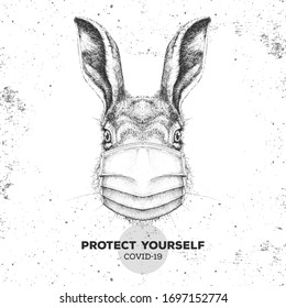 Hand drawing Animal rabbit wearing face medical mask. Covid-19 protection methods. Coronavirus Quarantine Warning. Vector illustration