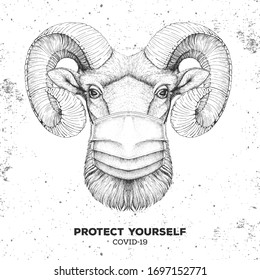 Hand drawing Animal ram or mouflon wearing face medical mask. Covid-19 protection methods. Coronavirus Quarantine Warning. Vector illustration