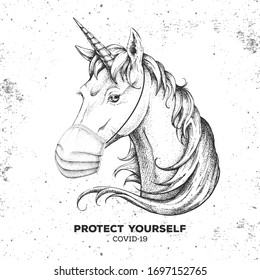 Hand drawing Animal unicorn wearing face medical mask. Covid-19 protection methods. Coronavirus Quarantine Warning. Vector illustration