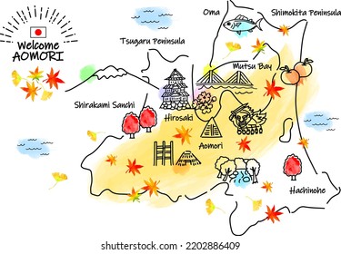 hand drawing AOMORI JAPAN in Autumn tourist spot map, vector