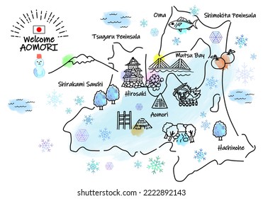 hand drawing AOMORI JAPAN in Winter tourist spot map, vector