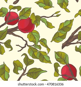 Hand drawing an apple branch. Vector seamless pattern