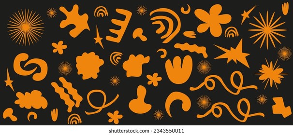 Hand drawing Apricot crush groovy background with abstract Trendy Shapes. Modern ornament with Organic Shapes. Funky loop, wave, flowers, rainbow in y2k style. Vector Art.