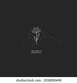Hand drawing Aquarius constellation symbol with floral branch and stars. Modern minimalist mystical astrology aesthetic illustration with zodiac signs