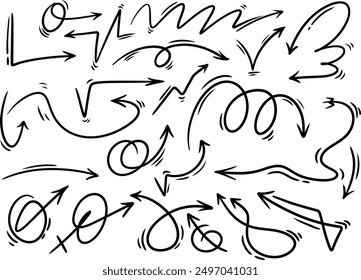 Dibujo a mano del contorno de las flechas. Dibujado a mano conjunto de flecha doodle boceto aislado sobre fondo gris. Ilustración vectorial.