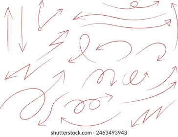 Hand Drawing Arrow Vector Icon Set. Doodles in various curved shapes freely drawn with a red pen. Zigzags, swirl arrows. Hearts, circles, check boxes, asterisks, marking marks. Direction pointers.