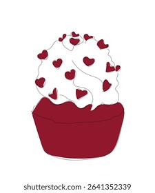 Hand drawing art dessert theme with muffin  for logo isolated on white background.  Single line  heart cupcake with cream.  Minimalistic poster. Vector illustration. Hand made vector not Al.
