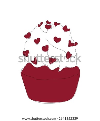 Hand drawing art dessert theme with muffin  for logo isolated on white background.  Single line  heart cupcake with cream.  Minimalistic poster. Vector illustration. Hand made vector not Al.
