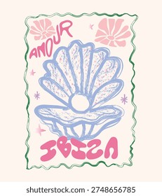 Hand drawing art seashell t-shirt design. Sea you at the beach. Sound of the sea. Seashell vintage artwork. Summer vibes artwork. Beach modern abstract art