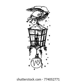 Hand Drawing Artistic Doodle Icon. Christmas Lantern. New Year Vintage Design for Christmas Card or Invitation on White