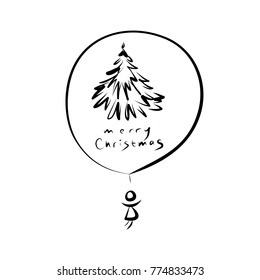 Hand Drawing Artistic Doodle Icon. Girl with Balloon. New Year Vintage Design for Christmas Card or Invitation on White