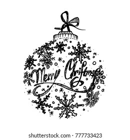 Hand Drawing Artistic Doodle Icon. Christmas Decoration Made from Snowflakes. New Year Vintage Design for Christmas Card or Invitation on White Background