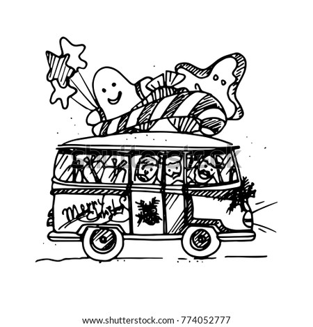Hand Drawing Artistic Doodle Icon. Christmas Bus with Gifts. New Year Vintage Design for Christmas Card or Invitation on White