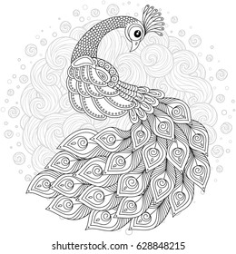Hand drawing artistic Peacock for adult coloring pages in doodle, zentangle tribal style, ethnic ornamental patterned tattoo, logo, t-shirt or prints. Bird vector illustration.