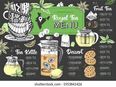 Hand drawing artistic Restaurant Royal Tea menu design. Decorative sketch of teapot. Vintage style