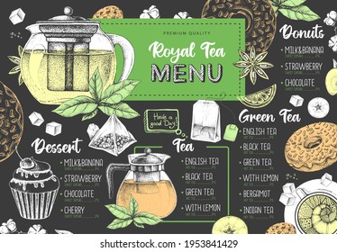 Hand drawing artistic Restaurant Royal Tea menu design. Decorative sketch of teapot. Vintage style