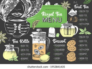 Hand drawing artistic Restaurant Royal Tea menu design. Decorative sketch of teapot. Vintage style