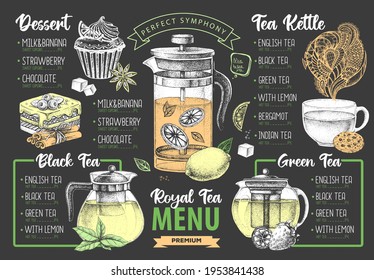 Hand drawing artistic Restaurant Royal Tea menu design. Decorative sketch of teapot. Vintage style