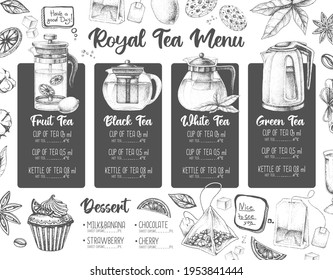 Hand drawing artistic Restaurant Royal Tea menu design. Decorative sketch of teapot. Vintage style