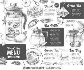 Hand drawing artistic Restaurant Royal Tea menu design. Decorative sketch of teapot. Vintage style