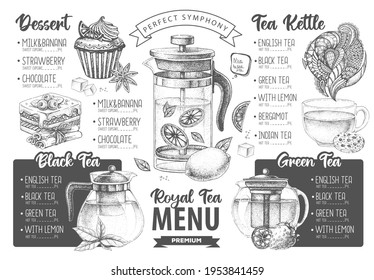 Hand drawing artistic Restaurant Royal Tea menu design. Decorative sketch of teapot. Vintage style