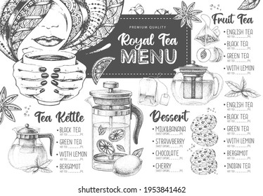 Hand drawing artistic Restaurant Royal Tea menu design. Decorative sketch of teapot. Vintage style