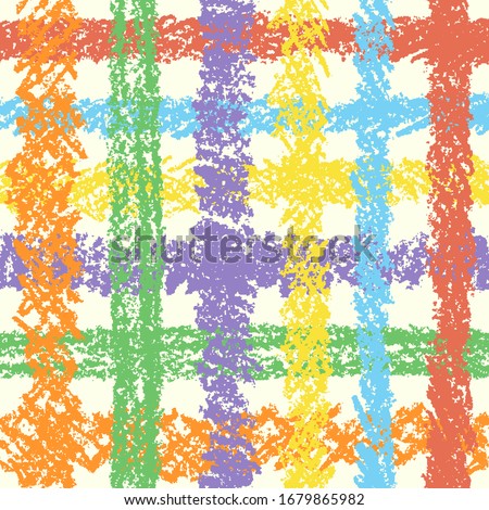 Hand drawing artistic seamless checkered plaid pattern. Colorful crayon, pastel chalk or pencil art strokes background. Like child`s drawn design element. Vector grunge bright pied texture.