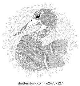 Hand drawing artistic Swan for adult coloring pages in doodle, zentangle tribal style, ethnic ornamental patterned tattoo, logo, t-shirt or prints. Bird vector illustration.