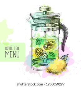 Hand drawing artistic teapot illustrtation on watercolor background. Vector illustration