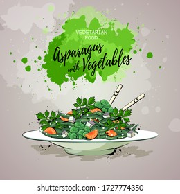 Hand drawing artistic vector illustration of asparagus with vegetables. Vegetarian menu