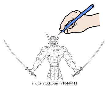 Hand drawing a asian warrior