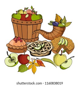 Hand drawing autumn composition, isolated design elements, with a harvest of red, green and yellow apples in a basket, cornucopia and apple pies, vector illustration