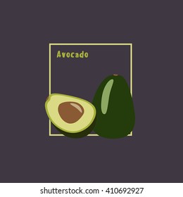Hand drawing avocado with slice on dark background. Cartoon icon, flat design, isolated object. Vector illustration. 