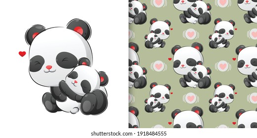 The hand drawing of the baby panda sleeping with her mother in the pattern set of illustration