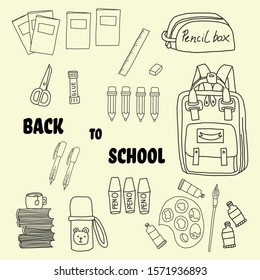 Hand drawing Back to school objects with bag, notebook, pen and all we use at school
