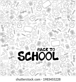 hand drawing background of back to school item like a seamless pattern include pen, pencil, paper, flask, tube, clock, alarm, blackboard, clip, and many things in class room