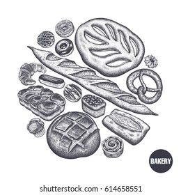 Hand drawing bakery products set. Rye and wheat bread, pastries variations. Black and white sketch. Vector illustration of food. Vintage engraving style.