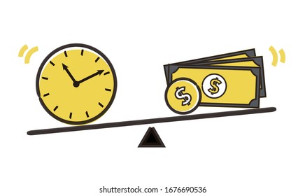 hand drawing balance of time and money,vector illustration,white isolated