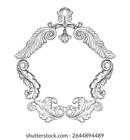 Hand drawing baroque frame with acanthus leaves, ornate design element. Vintage filigree damask art, wedding scroll engraving retro border. Vector illustration. For decoration, cards, invitation